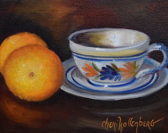 Still Life Painting, French Teacup Saucer Pottery and Brilliant Oranges, 6x8 Original Oil Painting by Cheri Wollenberg