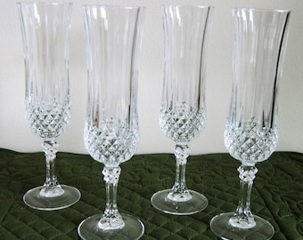 4 Vintage CRIS D'ARQUES / DURAND Crystal Champagne Toasting Flutes Longchamp Pattern
