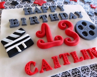 Rectangle fondant edible cake topper and edible glitter stars - Hollywood/Movie/Oscar party, fondant movie reels, clapboard, film reels