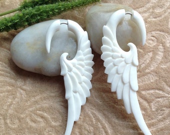 Fake Gauges, Wing Earrings, "Messenger" Natural, Bone, Handcrafted, Tribal