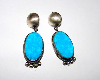 Vintage Native American Navajo Sterling Silver Kingman Mine Turquoise Pierced Dangle Statement Earrings