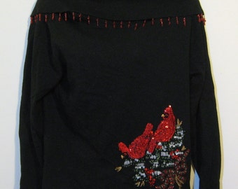 Foldover neck fringed sequined beaded ugly christmas sweater. Tacky masterpiece size L large cardinals and bows