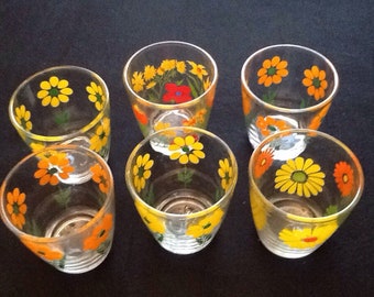 Vintage Set Of 6 Daisy Flower Drinking Glasses/Juice Glasses