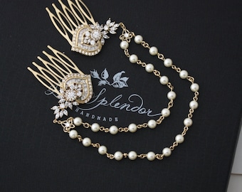 Gold Wedding Headpiece Pearl Crystal Hair Chain Bridal Hair Combs Set Swarovski Boho Bridal Hair Art Deco Modern Accessory EVIE