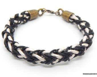 Braided leather bracelet, woman, man, teen, pearly white and black