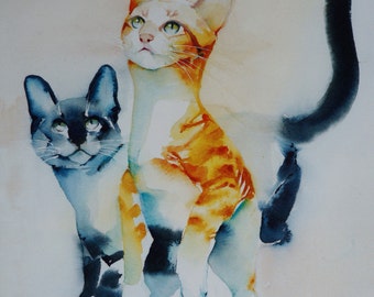Postcard. Greeting card. Reproduction watercolor cat "game" red tabby cat and Siamese cat blue