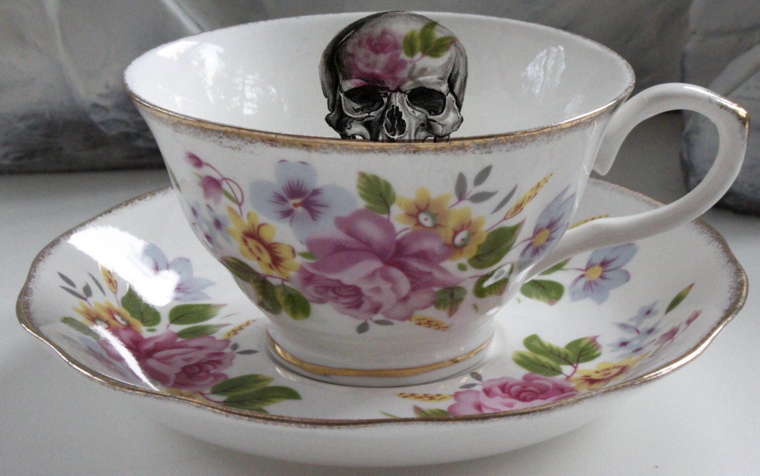 Floral Skull Teacup and Saucer Set Steampunk Tea Cup Goth