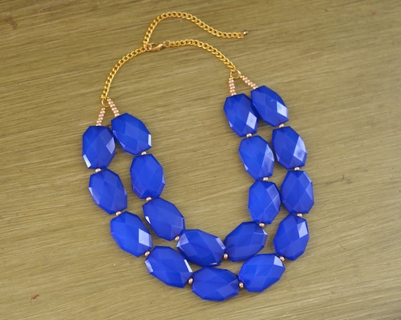 Double Strand Royal Blue Layered Statement Necklace Chunky