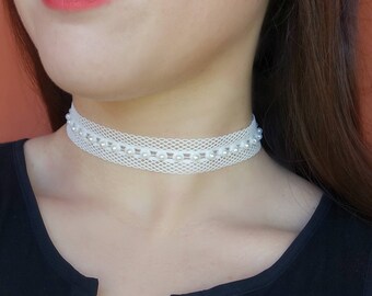 White Pearl Choker, White Lace Choker, White Choker, Ivory Lace Choker, White Mesh Choker, Choker Necklace, Bridal Choker,Trendy Choker,