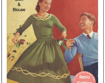 1950's Skirt and Scoop Neck Sweater Knitting Pattern - PDF Knitting Pattern - Pdf Instant Download