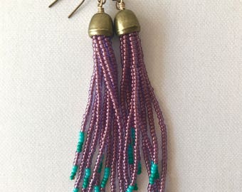 Purple-Teal Seed Bead Tassel Chandelier Earrings