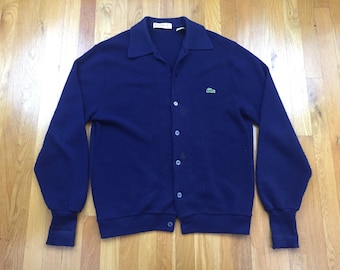 Vintage 70s Lacoste Izod cardigan sweater navy blue button up collared wool style izod of london made in usa distressed