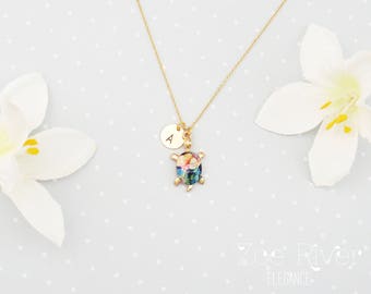 Personalized turtle necklace. Gold and rainbow coloured turtle necklace. Dainty turtle necklace.