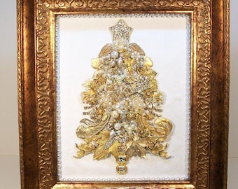 SOLD.....Do Not Purchase....Framed Collage Vintage Jewelry CHRISTMAS TREE....Glistening Gold