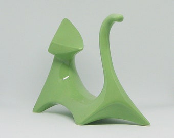 Ceramic Retro Atomic Cat Figurine in Retro Green Mid Century Modern Cubist Style Sculpture