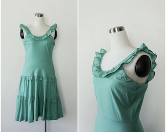 1980's Cotton Summer Dress S M, Kitan Green Dress, Cotton Dress, Ruffled Dress, Sundress, 80's Tiered Dress