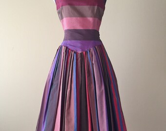Vintage 50's Dress, 1950's Youth Guild Dress, Red Striped Taffeta Dress, Rainbow Stripes, Flawed
