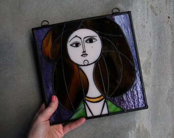 Stained glass panel Picasso picture, stained glass cubism style, stained glass wall decor, gift for Picasso lovers, cubism picasso