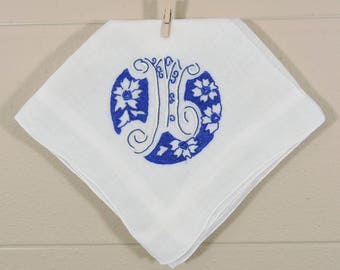 Vintage M Monogrammed Ladies Hankie / Monogrammed Hankerchief / White Blue Hankie