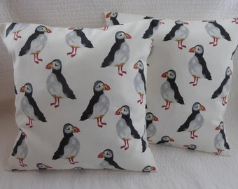 16" Cushion Cover Puffin Bird Print Black Grey Cream Shabby Chic Handmade 40cm