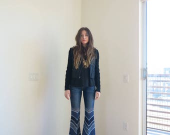Indigo Patchwork - Crochet Embellished Low Rise Levi's Bellbottom Jeans - Free Shipping in USA