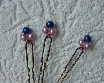 pink and blue hair picks / bun pins / hair accessory / hair combs / mariagerose and blue hair jewelry