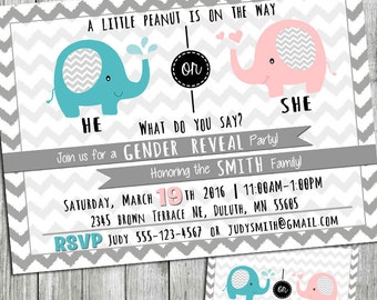 Gender Reveal invitation,baby elephants, he or she, little peanut, chevron Invitation,modern,printable, DIY
