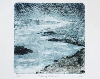 Original collagraph print rain storm thunder handmade print limited edition