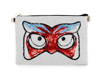 Owl Sequin Clutch Bag, White