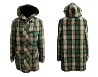 Vintage 1970s green tartan plaid hooded coat winter coat hood | vintage hoodie wool coat | winter coat