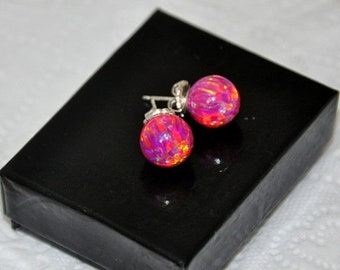 ON SALE- Red Purple Magenta Earrings, Opal Earrings, 10mm Ball Stud Earrings, Silver Earrings, Australian Opal, 925 Sterling Silver