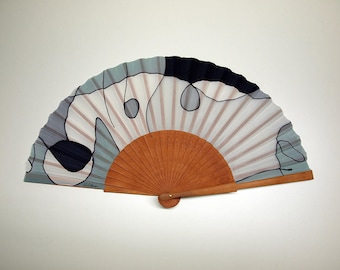 Hand fan Handpainted Silk-black-grey-white. Abanico. Wedding gift. Giveaways. Bridesmaids. Spanish hand fan. 17 x 9 inches (43 cm x 23 cm)
