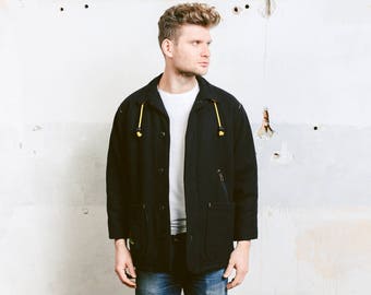 Men's Wool Winter Jacket . Vintage 80s Navy Blue Wool Oversized Jacket Coat Outerwear . size Medium