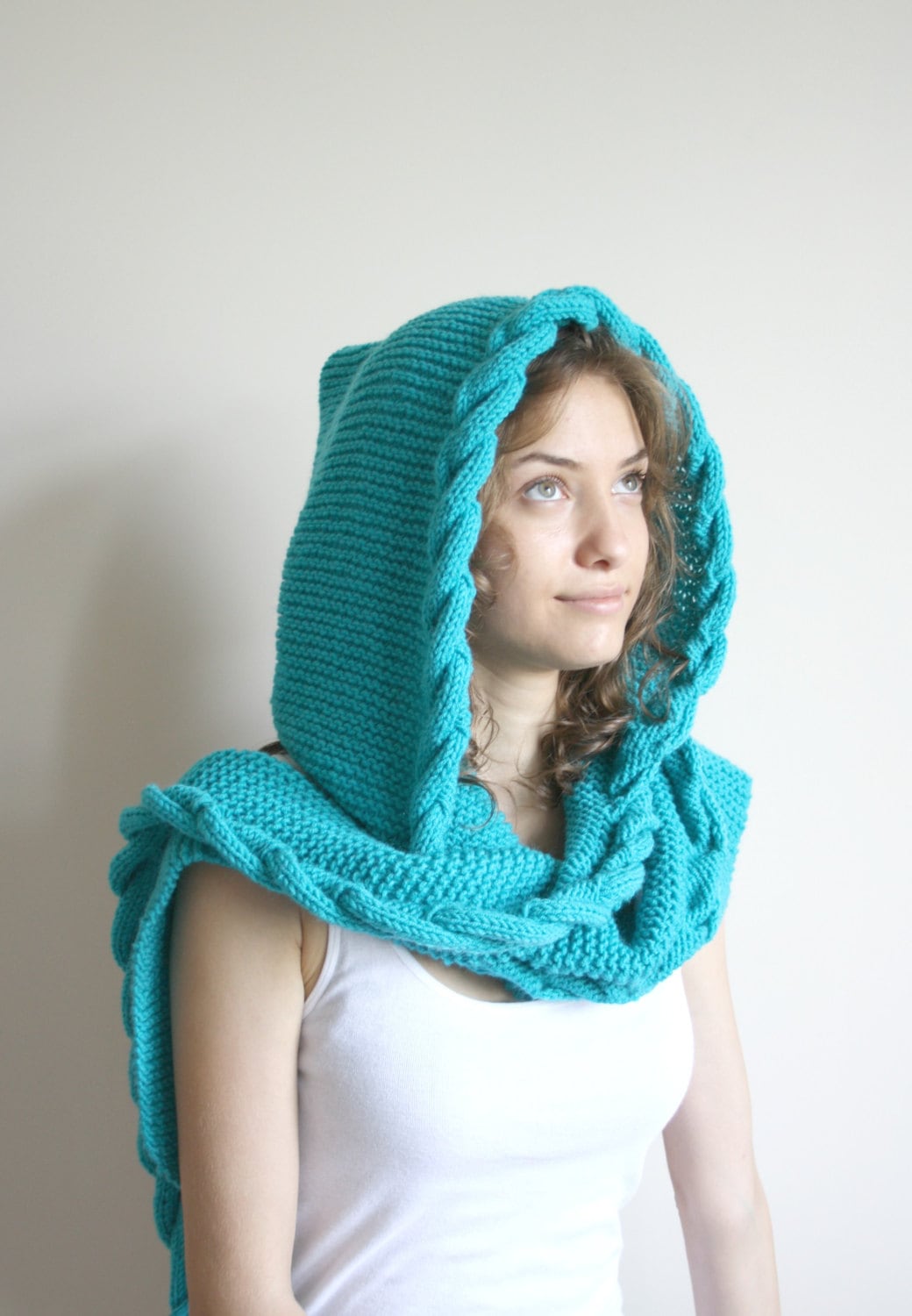 Turquoise Wool Hooded Cabled Long Scarf Cowl Under USD100