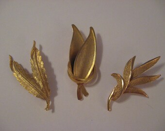 Three Vintage 1970's Gold Tone Leaf Brooches
