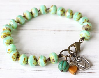 Mint Green Hand Knotted Bracelet, Heart Charm, Charm Bracelet, Spring Colors, Boho Style, Bohemian Style, Stacking Bracelet
