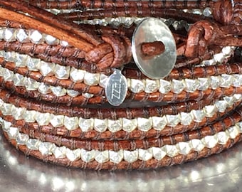 Sterling Silver Nuggets 5 Wrap Brown Leather Bracelet
