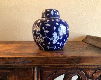 Bright Blue and White Chinese Ginger Jar with Hand-Decorated Cherry Blossoms / Prunus Blossom Design