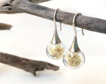 925 silver drop earrings with glass balls and yellow dried flowers
