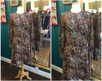 1970s Brown Floral Dress W30" Medium UK12