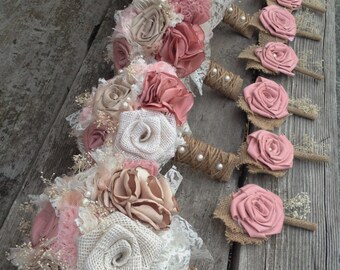 Shabby Chic Blush Pink and Champagne silk with Ivory Burlap Wedding Bouquets (listing is for one bridal bouquet)