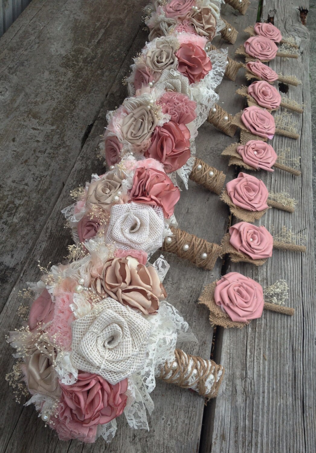Shabby Chic Blush Pink and Champagne silk with Ivory Burlap