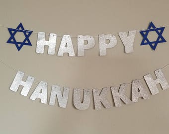 Hanukkah banner | Hanukkah decorations | Happy Hanukkah silver glitter garland with blue Stars of David | Jewish holiday decoration