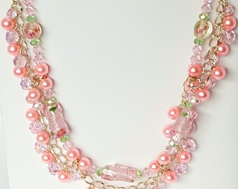 Pink Beaded Charm and Chain Necklace