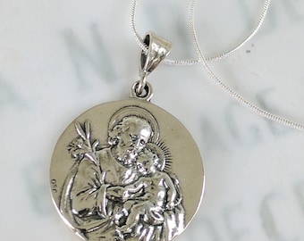 Necklace - St Joseph & Infant Jesus / Our Lady of Lourdes - Sterling Silver 31mm