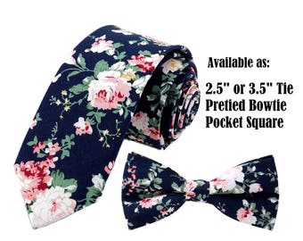 Dark Blue Pink Floral Tie or Bow Tie or Matching Pocket Square Navy Blue Slim 2.5" Regular 3.5" Groomsmen Ties Groomsman Wedding Necktie