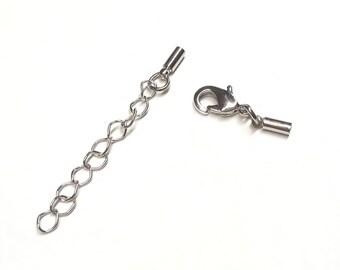 5 sets of Leather Cord End Caps, Silver Plated Lobster Clasp Cap Extenstion Chain, Necklace Clasp