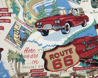 Route 66 fabric, 1/2 YARD, cotton, travel fabric, OOP, Robert Kaufman, Rare