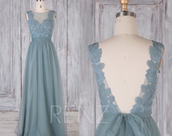 Bridesmaid Dress Dusty Blue Tulle Dress,Wedding Dress,Lace Illusion V Back Long Prom Dress,Boat Neck A-Line Sleeveless Maxi Dress(LS471)