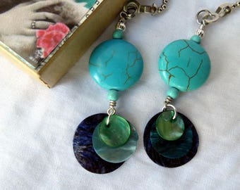 Deocrative Chain Pull Pair with Turquoise Howlite Gemstones and Capiz Shell